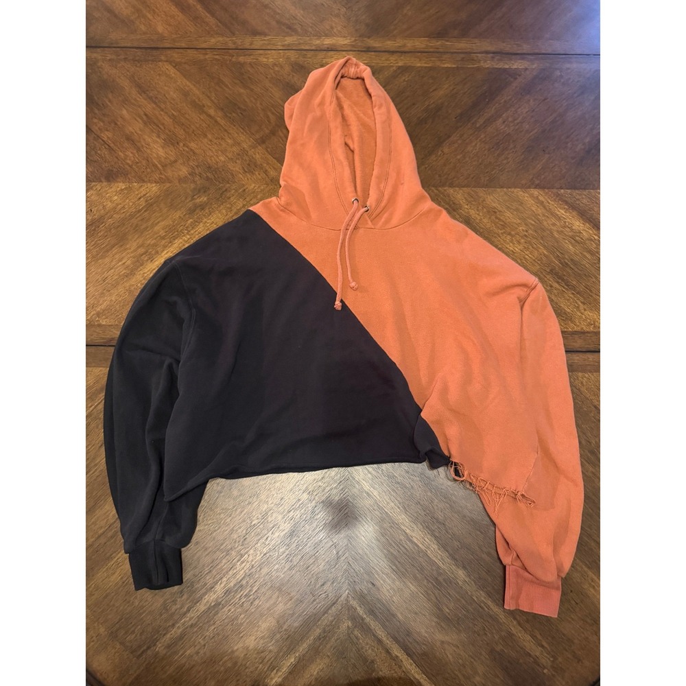 Free People Colorblock Diagonal Crop‎ Hoodie Orange Black Distressed Size M |O1